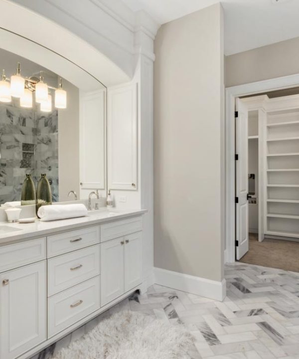 Master bathroom in new luxury home with double vanity
